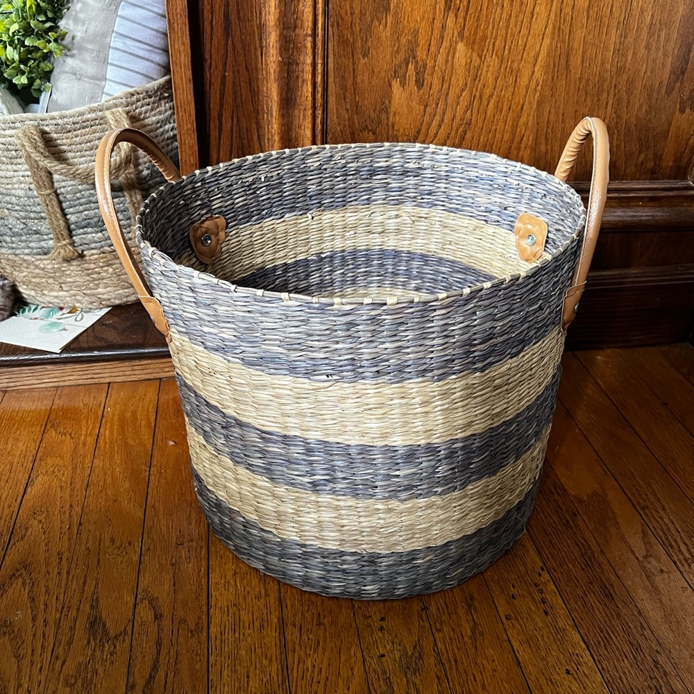 Striped Woven Basket with Handles